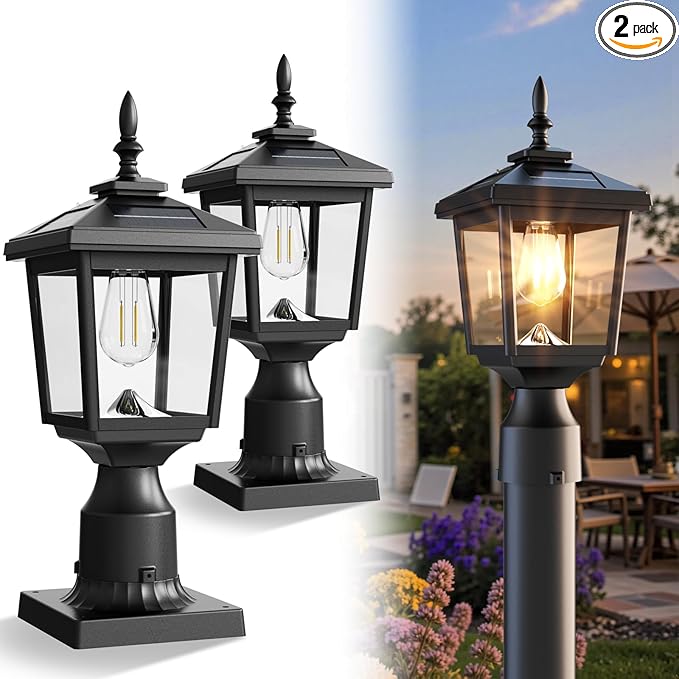 Greluna Solar Post Light with Pier Mount Base, 3000K Dusk to Dawn Lamp, Waterproof Outdoor Garden Yard Landscape Lighting, Decorative Pillar Light