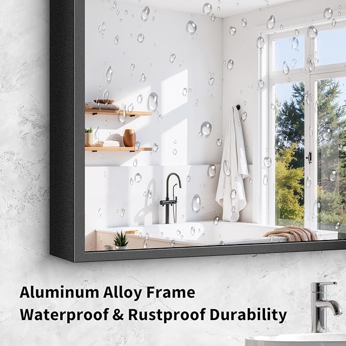 Koonmi Black Framed Bathroom Mirror - Shatterproof 30"x55" Tempered Glass, HD No Distortion, Horizontal/Vertical Mount, Modern Matte Aluminum Alloy Frame