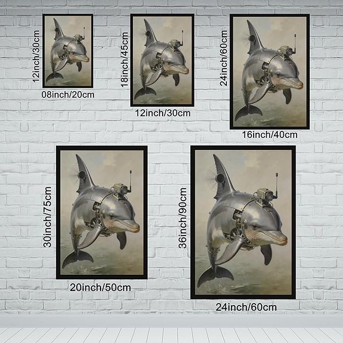 Framed Steampunk Mechanical Dolphin Wall Art - Marine Retro-Futuristic Poster for Beach House Living Room Decor 08x12in