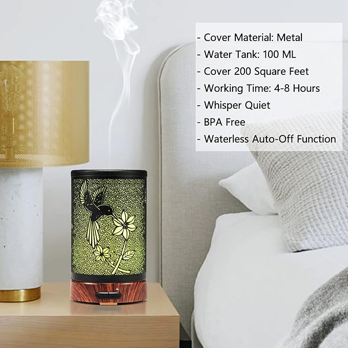 Diffusers for Essential Oils,ASAWASA Essential Oil Diffuser with Waterless Auto Shut-Off, Metal Art Aromatherapy Humidifier with Multi Color Changed Night Light,Ideal for Home Spa Yoga(Bird)