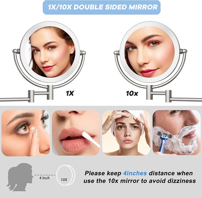 8" Rechargeable Lighted Wall Mounted Makeup Mirror with Magnification, Double-Sided 1X/10X Magnifying Foldable Touch Control 360 Swivel Extendable Arm for Bathroom, Brushed Nickel