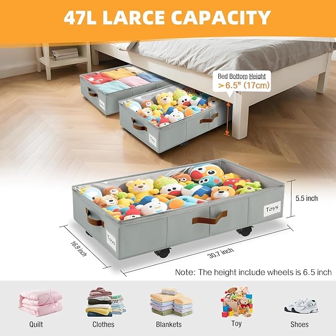 4 Pack Under Bed Storage– 30.5×17×6.5 Inch, Underbed Storage with Wheels Sturdy Sidewalls/Bottom, Clear Cover, Label and PU Handle, Rolling Under Bed Drawers for Clothes, Shoes, Toys, Blankets,Grey