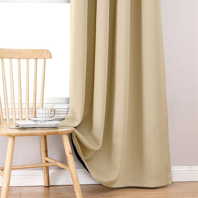 ChrisDowa 100% Blackout Curtains for Bedroom with Black Liner, 2 Thick Layers Total Blackout Thermal Insulated Grommet Window Curtains 2 Panels Set (Beige, 42 x 63 Inch)