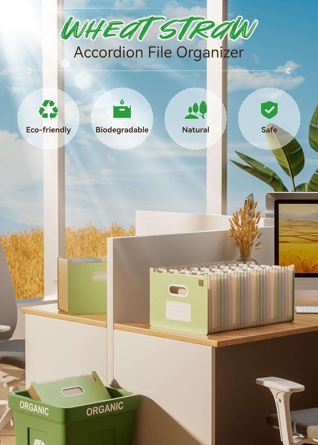 Accordion File Organizer, 26 Pockets Wheat Straw Expanding File Folders, Upright&Open Top, A-Z Bill Receipt Organizer, 100% BPA Free, Return to Nature, Healthy Living, Letter/A4 Size-Mint Green
