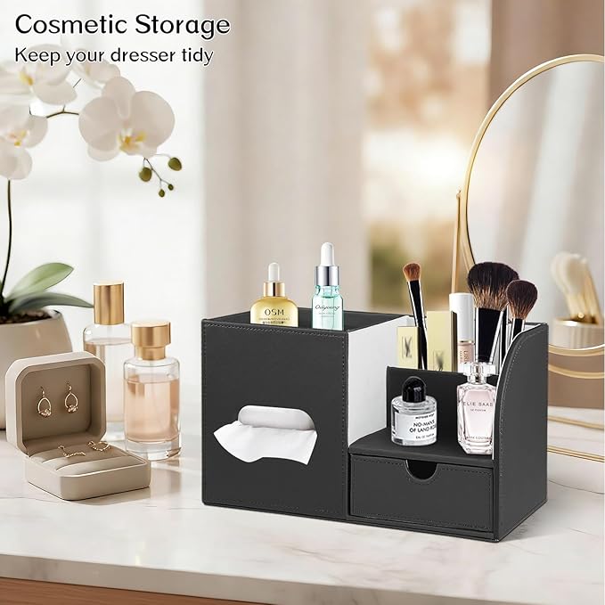PU Leather Square Tissue Box Cover with Tray and Organizer,Multi-Function Remote Control Tissue Holder for Vanity, Nightstand,Bathroom,Home and Office
