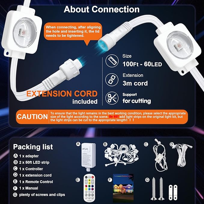 Permanent Outdoor Lights 100FT, Smart RGB+IC Eave Lights with Remote APP Control, DIY LED Color Individual, White & Colorful Christmas String Light, IP67 Waterproof for House Outside Decor