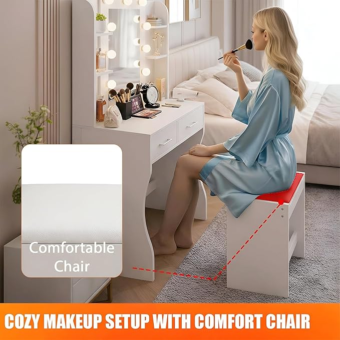 Vanity Desk with Mirror & Light, Makeup Vanity Table with Power Strip, Hair Dryer Holder & 2 Drawers & 3 Open Shelves, 3 Lighting Modes Adjustable Brightness, Dressing Table Set, White
