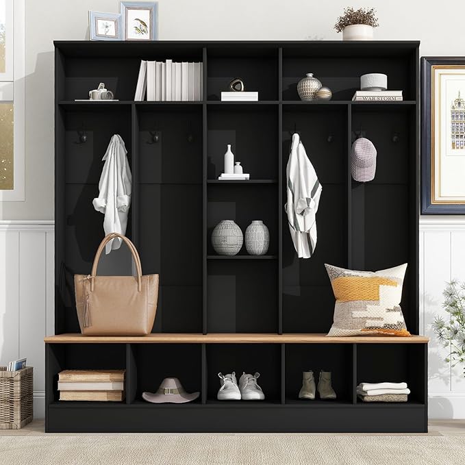 4 in 1 Hall Tree with Shoe Bench, Wood Entryway Storage Bench with Cube Storage & Shelves Multifunctional Coat Rack with 8 Hooks for Home Office Bedroom Mudroom Living Room, Black