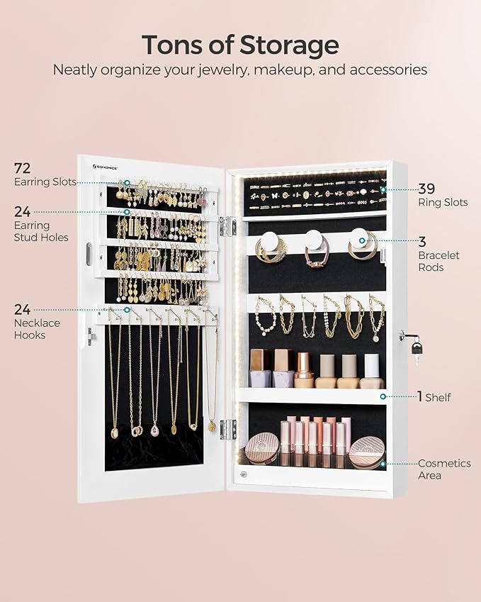 SONGMICS Mirror Jewelry Cabinet Armoire with Built-in LED Lights, Wall or Door Mounted Jewelry Storage Organizer, 3.8 x 14.6 x 26.4 Inches Hanging Mirror Cabinet, Gift Idea, White UJJC050W01