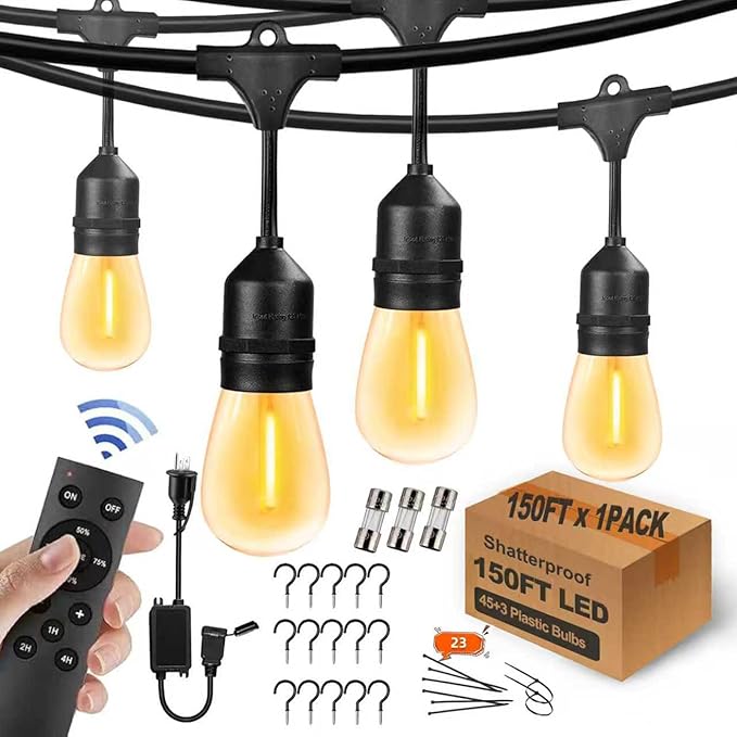 150FT String Lights for Outside Remote Controlled Waterproof with 48pcs Replaceable S14 Warm Bulbs for Patio, Gazebo, Pergola, Backyard Bistro Lights, 2200K, Linkable, 1-Pack