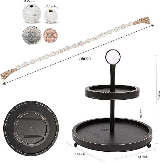 GENMOUS Black Farmhouse Tiered Tray Decor with Distressed Wood Bead Garlands, Wooden Tiered Tray Stand for Seasonal Display, Decorative 2 Tiered Serving Tray with Metal Handle for Rustic Home Décor