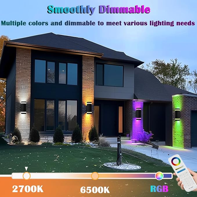 Up and Down Outdoor Smart Wall Light, RF Remote Control Color Changing Wall Lights, White Temperature 2700k- 6500k RGB+CCT 9 Modes Exterior Wall Lighting-Works with Alexa, Google Assistant