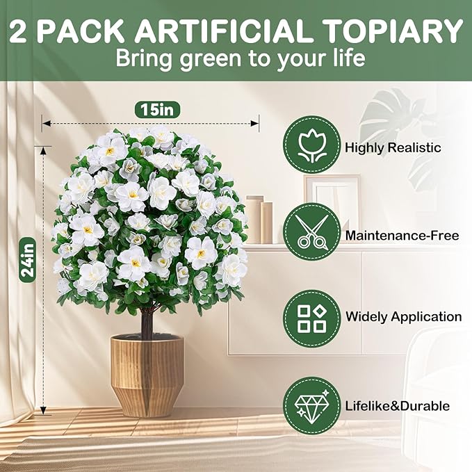 Artificial Boxwood Topiary Ball Trees with Ground Spikes UV Resistant Faux Greenery Shrubs Fake Shrubs for Outdoors, Realistic Faux Plants Bushes for Garden Porch Yard Patio Decor (White)