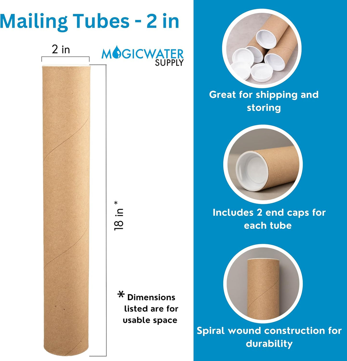 MagicWater Supply Mailing Tube - 2 in x 18 in - Kraft - 6 Pack - for Shipping and Storage of Posters, Arts, Crafts, and Documents