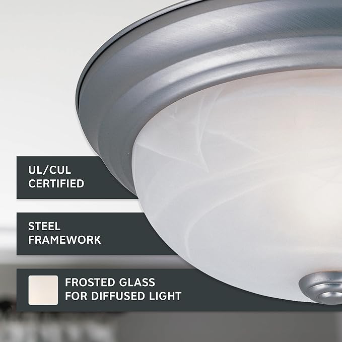 DESIGNERS FOUNTAIN Reedley 2-Lights Flush Mount Ceiling Light, 11 Inch Lighting Fixture for Kitchen, Bedroom, Bathroom, and Hallway, White Alabaster Glass, Pewter, 1257S-PW-AL