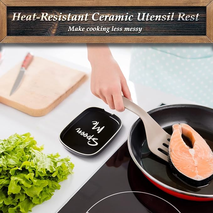 Ceramic Spoon Rest for Stove Top, DAYYET Large Spoon Holder, Spoon Rest for Kitchen Counter, Heat-Resistant Cooking Utensil Rest, Black Kitchen Decor and Accessories