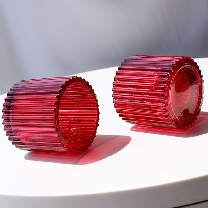 VOHO Red Votive Candle Holders for Christmas Valentines Day Decoration, Vintage Ribbed Tea Lights Candle Holder for Wedding, 6pcs Large Tealight Candle Holder for Votives Tea Lights(2.75'' x 2.56'')