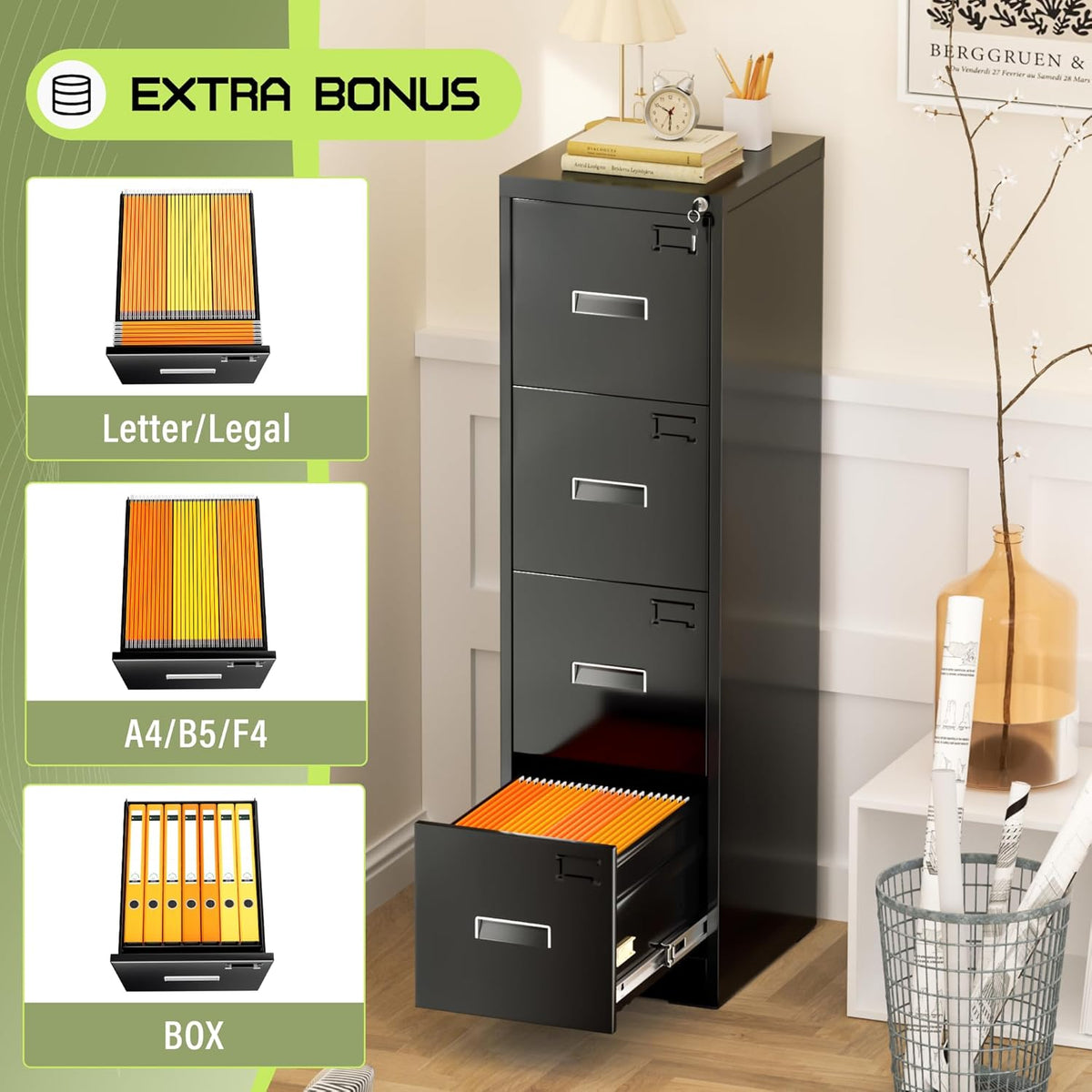 Crownland Lateral File Cabinet with 4 Drawers, 15" W Metal Lockable Office File Cabinets for Home Office- Stores Letter/Legal/A4/F4 Files(Black)
