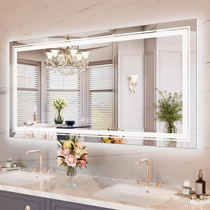 WTTY 60"x30" LED Bathroom Mirror with Lights, Backlit and Front Lighted Bathroom Vanity Mirrors Wall Mounted, Double LED Vanity Wall Mirror for Bathroom with Anti-Fog, Dimmable, Memory, Shatter-Proof