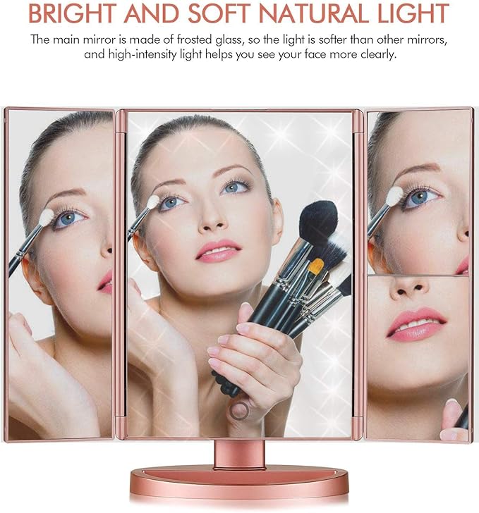Trifold Makeup Mirror Vanity Mirror with Lights,1X 2X 3X Magnification,Touch Control,Adjustable Rotation,Dual Power Supply,Portable Travel Cosmetic Mirror,Birthday Gifts for Women,Teengirls