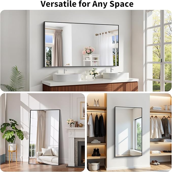 Koonmi Black Framed Bathroom Mirror - Shatterproof 30"x55" Tempered Glass, HD No Distortion, Horizontal/Vertical Mount, Modern Matte Aluminum Alloy Frame