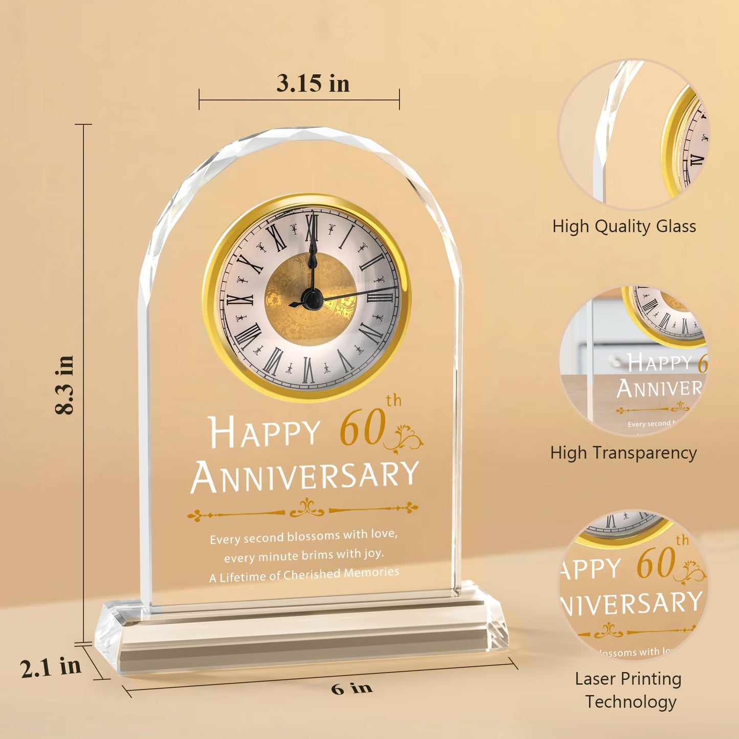 60th Anniversary Wedding Gift For Parents Couple,60th Anniversary Decorations Crystal Clock Gifts Keepsake For Husband Wife,Diamond 60 Years Of Marriage Anniversary Wedding Gifts For Grandma Grandpa