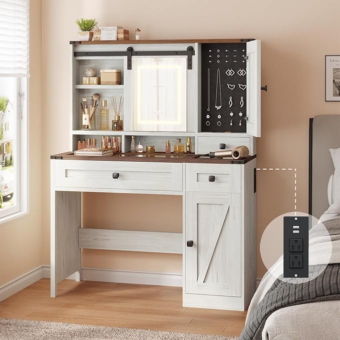 EROMMY 42" Farmhouse Makeup Vanity Desk with Lighted Mirror & Power Strips, Vanity Table with Sliding Barn Door, Open & Hidden Shelves, Drawers, Jewelry Cabinet, White Dressing Table, Light Adjustable