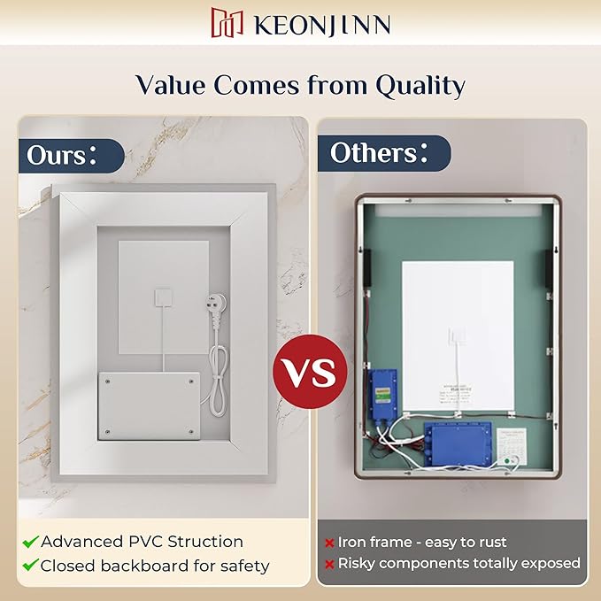 Keonjinn 48" x 30" Lighted Bathroom Mirror, Frontlit & Backlit Frameless LED Mirror, HD Tempered Glass, Quick Defogging, 3 Color Lights, Dimmable, UL-Listed LED Driver, Wall-Mounted Vanity Mirror