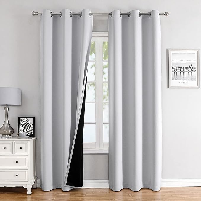 ChrisDowa 100% Blackout Curtains for Bedroom with Black Liner, 2 Thick Layers Total Blackout Thermal Insulated Grommet Window Curtains 2 Panels Set (Greyish White, 42 x 84 Inch)
