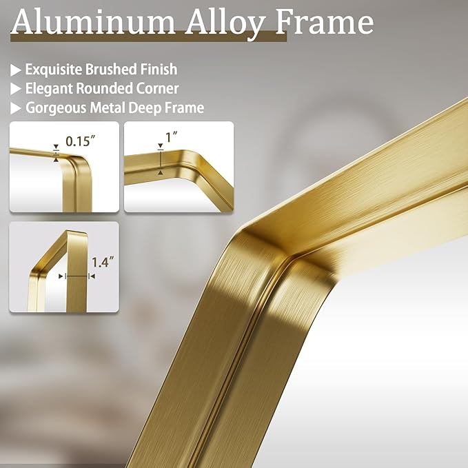 VooBang Bathroom Mirror 20x30 inch, Gold Gorgeous Deep Frame Wall Mirror, Modern Round Corner Bathroom Vanity Mirror for Bedroom, Living Room, Hanging or Leaning Horizontal or Vertical, Gold