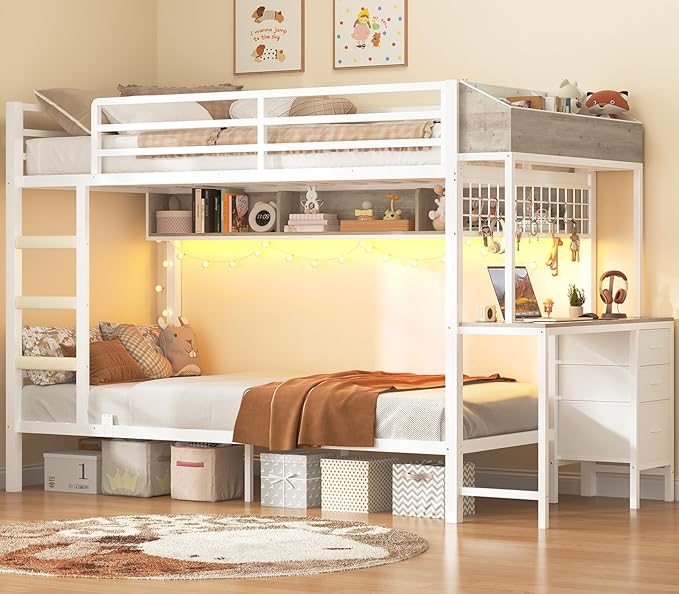 VIAGDO Bunk Bed Twin Over Twin with Charging Station and LED Lights, Heavy Duty Metal Bunk Bed with Desk and 3 Storage Drawers, Utility Storage Shelf and Boxes, No Box Spring Needed, White