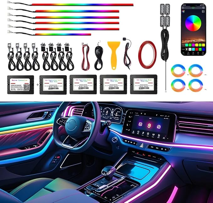 RGB 22 in 1 Interior Car LED Strip Light with Wireless APP,16 Million Interior Lights Car Dreamcolor Acrylic Ambient Lighting 600 LED Music Sync Neon Lights Kits (22 in 1 Set + App Control)
