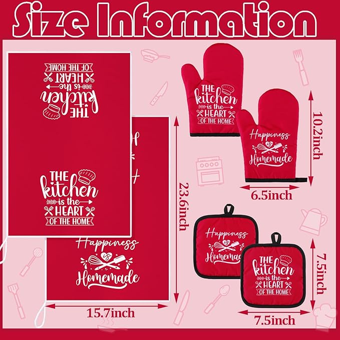 Sratte 6 Pcs Kitchen Decor Accessories Set Farmhouse Towels Pot Holders Oven Mitts Set 2 Dish Towels 2 Potholders 2 Cooking Mittens Oven Glove for Christmas Baking Cooking Supply(Red,Kitchen)