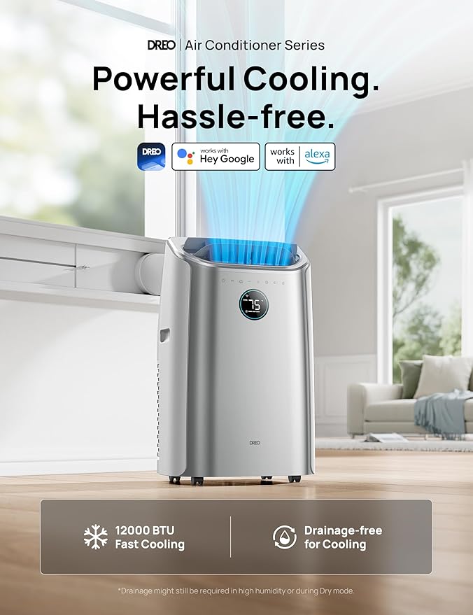 DREO Portable Air Conditioners, 12,000 BTU AC Unit for Bedroom with Drainage-free Cooling, 46dB Quiet, APP/Voice/Remote, 24h Timer with Fan & Dehumidifier, Smart Standing AC for Room Indoors, AC515S