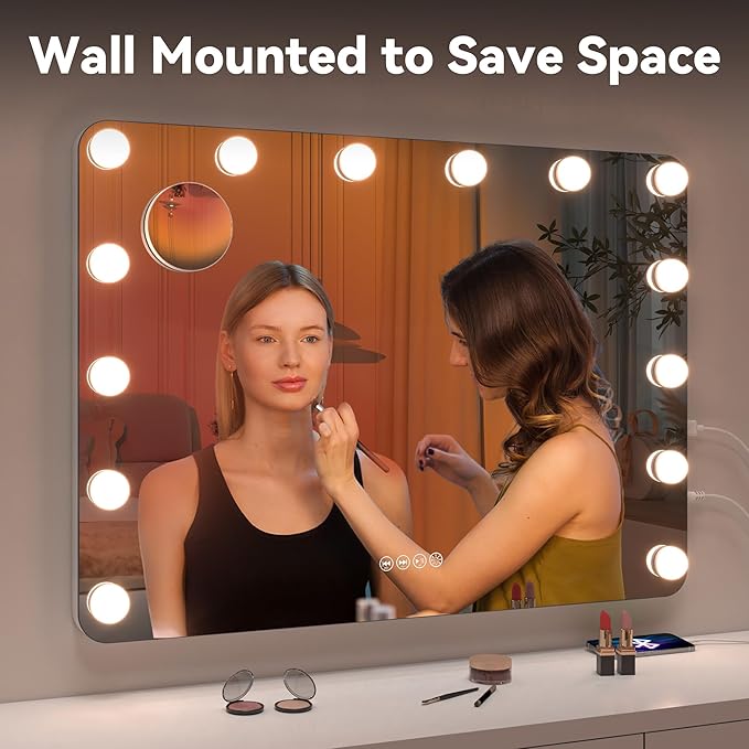 Hasipu LED Makeup Mirror with Bluetooth Speaker, 28" x 20" Makeup Mirror with Lights and Magnification, Hollywood Mirror with 3 Color Modes, LED Make up Mirror with USB & Type-C Charging