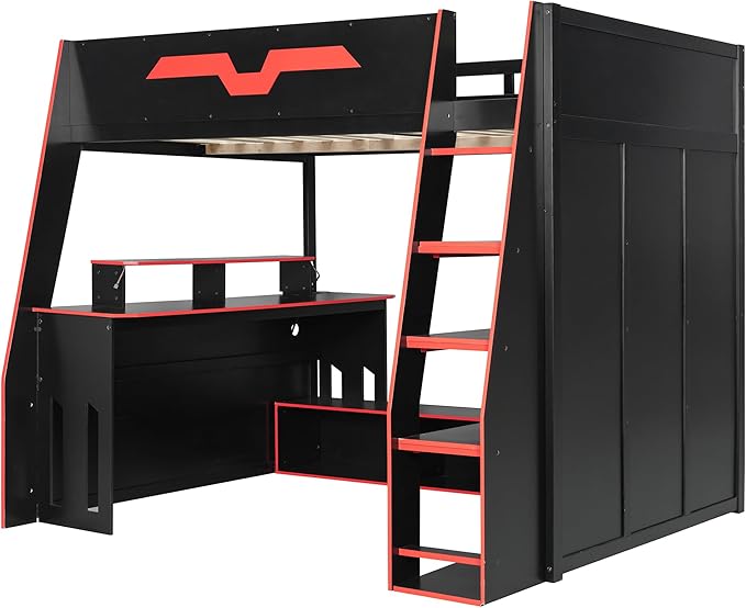 LUMISOL Full Size Wood Loft Bed with Desk and Multi-Storage Shelves, Gaming Loft Bed with RGB LED Lights and Adjustable Desk Placement, Space-Saving Game Bedframe with Under-Bed Storage, Red