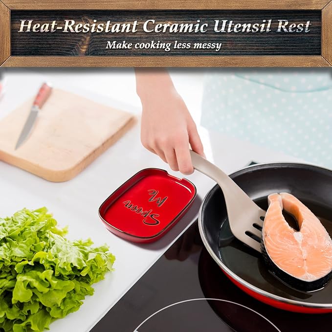 Ceramic Spoon Rest for Stove Top, DAYYET Large Spoon Holder, Spoon Rest for Kitchen Counter, Heat-Resistant Cooking Utensil Rest, Red Kitchen Decor and Accessories