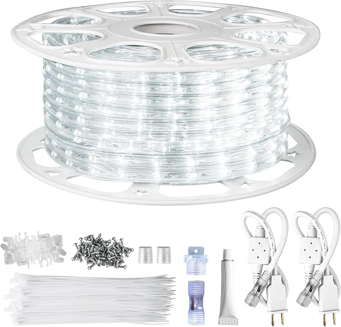 SURNIE Rope Lights Outdoor Waterproof Daylight White: LED 100FT Cuttable Outside Bright 110V Lighting 6000K Connectable Flexible Cool Clear Tube, Indoor Deck Patio Xmas Camping Decor, Not Flat Strip