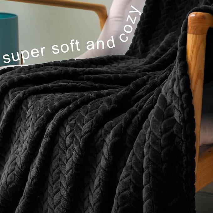 Exclusivo Mezcla Fleece Queen Size Blanket for Bed, 90x90 Inches Soft Cozy Jacquard Flannel Blankets, Lightweight Fuzzy Plush Warm for Winter, Black