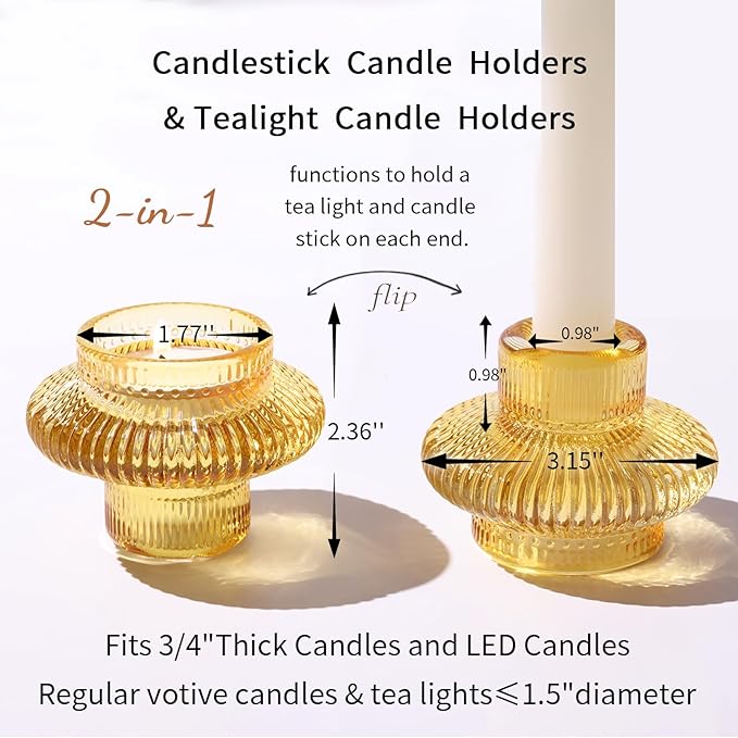 Candlestick Holders Taper Candle Holders, Gold Candle Stick Candle Holder for Wedding, Ribbed Tealight Candle Holders for Bridal Shower Party Table Decor, Modern Home Decor (8 Pcs, Gold)