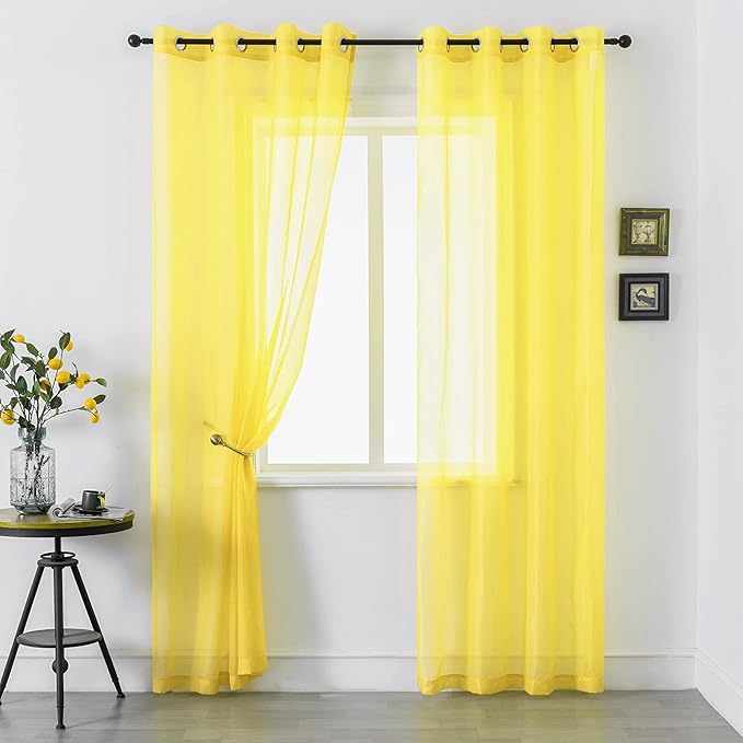 DUALIFE 96 Inches Long Yellow Sheer Curtains 2 Panels Grommet Curtain Panel Voile Drapes Semi Sheer Curtains for Living Room Set Bedroom Solid Bright Yellow Color 52 x 96 Inch Length