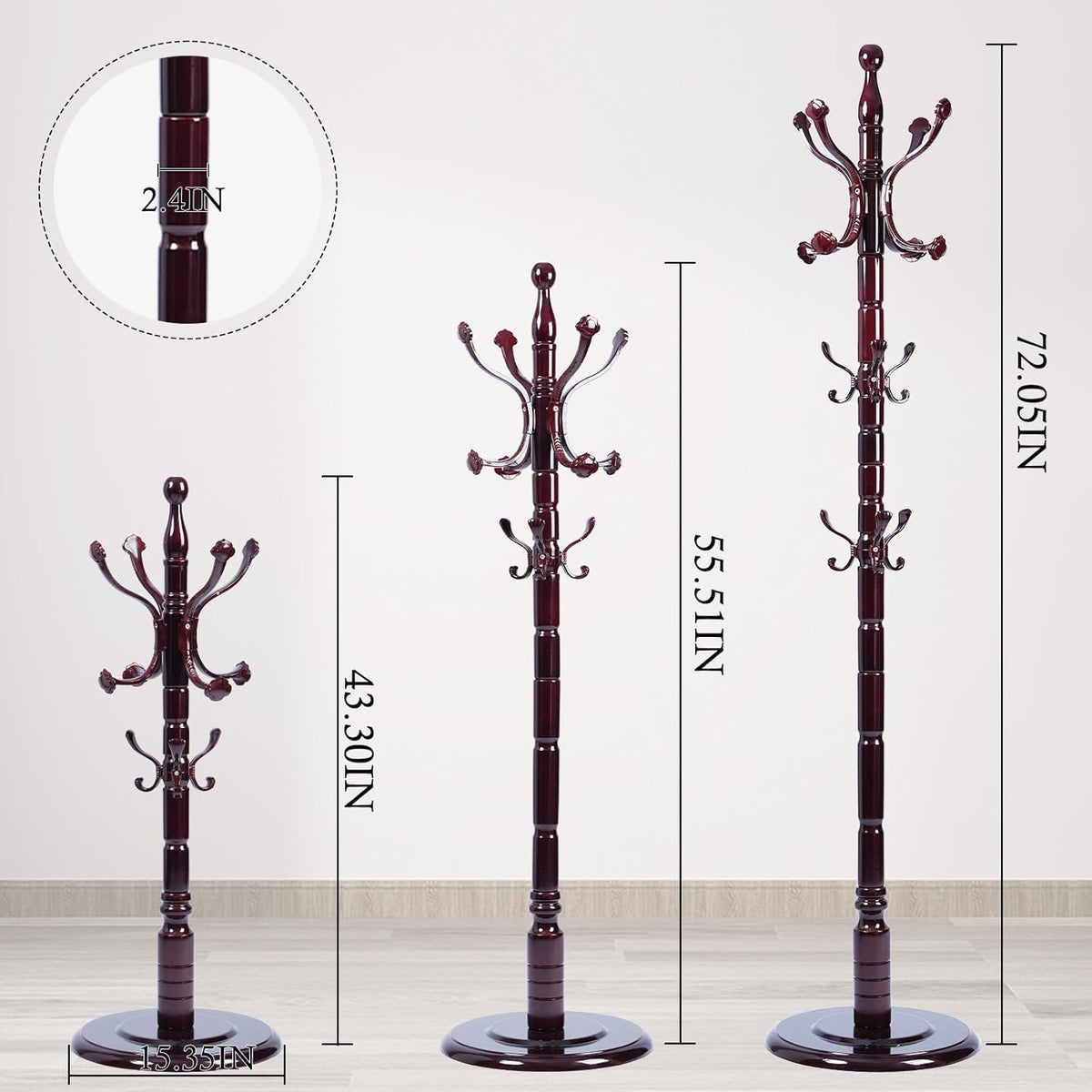 Coat Rack Stand, Solid Wooden Coat Tree with 14 Hooks, Heavy Duty Coat Rack Freestanding with Sturdy Round Base, Natural Birch Wood Coat Hanger Stand for Entryway Bedroom (Ruyi)