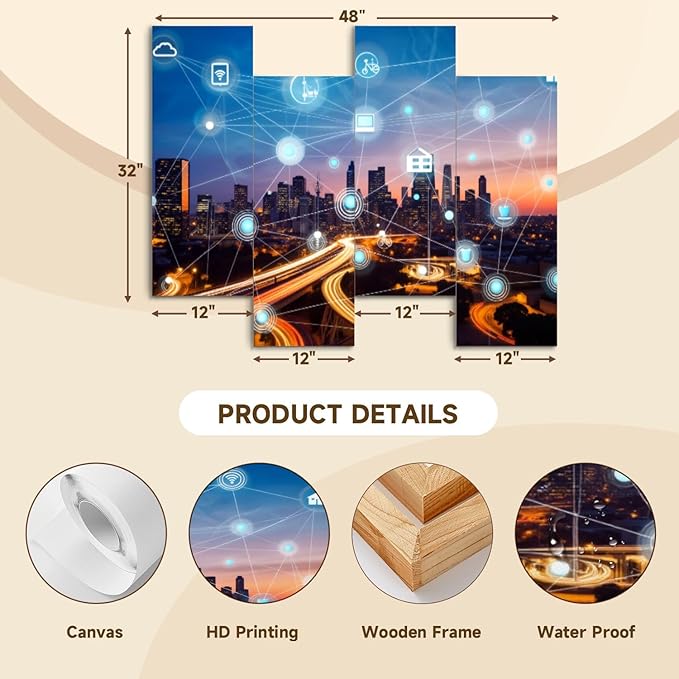 Canvas Wall Art Prints Pictures smart city wireless communication network Framed Posters Modern Wall Painting Artwork Gift Home Decor for Living Room Ready to Hang 4 Panel