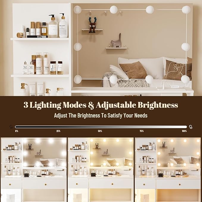 Makeup Vanity Desk with Mirror and Lights, Modern Glass Top Makeup Desk Set with Power Outlet, Drawers and Cabinet, 3 Lighting Color Adjustable Dressing Table for Bedroom