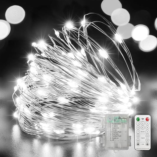 LAMPHOME 100 LED White Fairy Lights Battery Operated, Mini Battery Powered Copper Wire Starry String Lights,Light Length 32.5Ft, Multi Functions & Timer, with Remote Indoor/Outdoor use