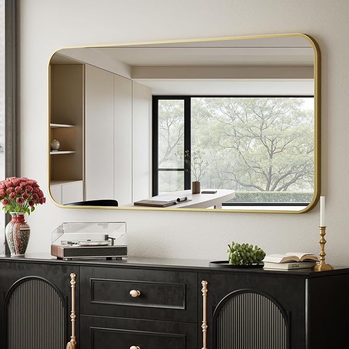 BEAUTYPEAK Gold Rectangular Bathroom Mirror - 30" x 40" Wall Mounted Aluminum Alloy Frame Mirror with Rounded Corners for Bedroom Living Room, Horizontal or Vertical