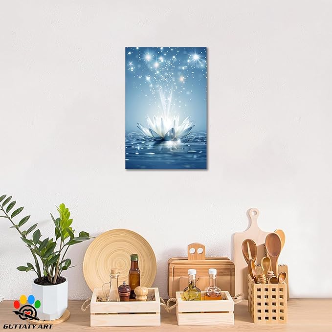 Zen White Lotus Flower Canvas Wall Art, Water Lily Bloom Picture, Lotus Flower Canvas Art Print, Calm Relax Poster, Meditation Spiritual Zen Flower Print for Yoga Spa Spiritual Room 32x48 inch