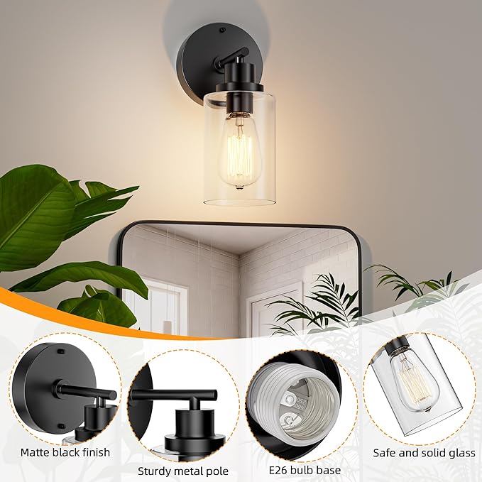 GORDNWE Set of 2 Bathroom Wall Sconce, Matte Black Vanity Light, Modern Wall Light Fixture with Clear Glass Shade and E26 Bulb Base, Wall Lamp Wall Mount Light Fixtures for Mirror, Bedroom