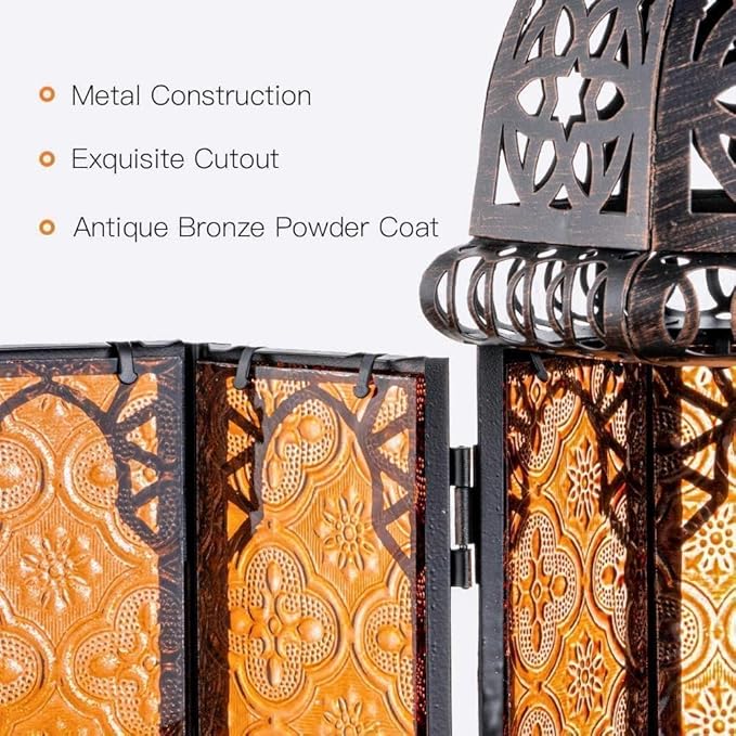 DECORKEY Vintage Large Size Decorative Ramadan Candle Lantern, 12.8’’ Metal Hanging&Tabletop Moroccan Lantern Candle Holder Decor, Halloween Christmas Decorations for Home Indoor Outdoor Patio (Amber)