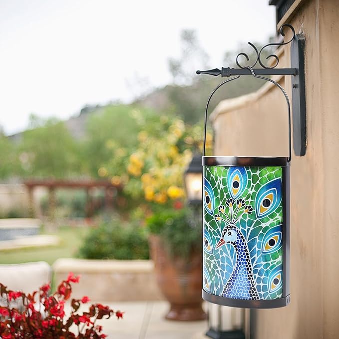 Afirst Hanging Solar Lantern Outdoor Glass Peacock Lights Waterproof LED Lamp for Garden Yard Tree Desk Decor